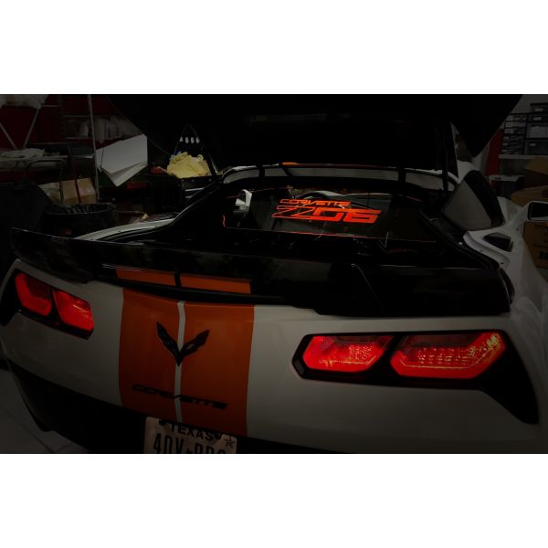 Orange color illuminated glow plate on C7 Corvette Coupe- One of our best selling accessories