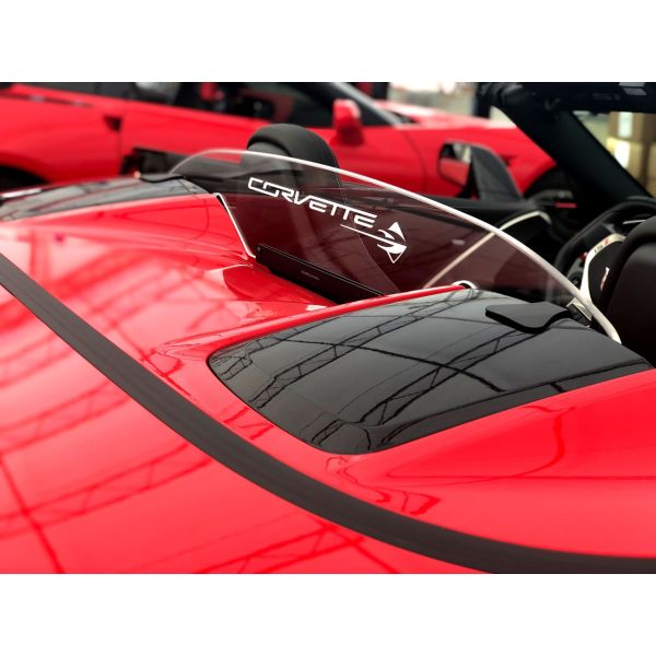 White illuminated convertible wind deflector on Chevy Corvette C7- One of our top selling accessories