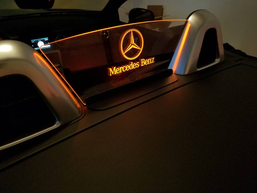 Custom etched and illuminated mercedes logo wind screen restrictor